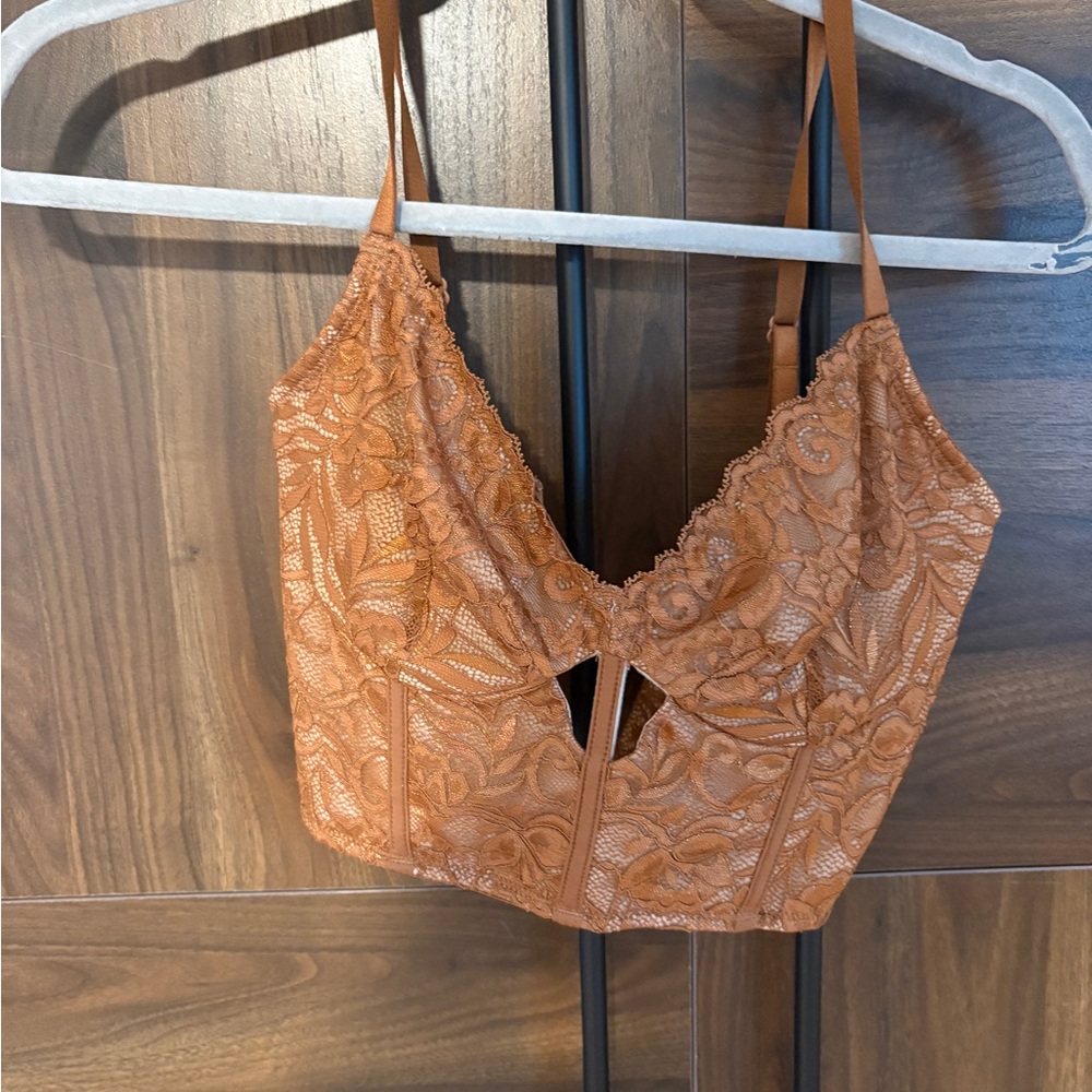 Camel Brown Popilush Lace Crop Top